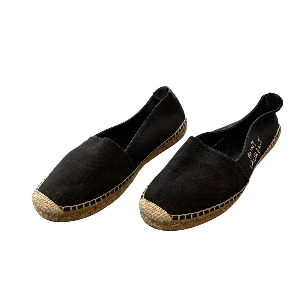Saint Laurent Womens Espadrilles Flats Shoes Black Canvas Embroidered Logo 37.5